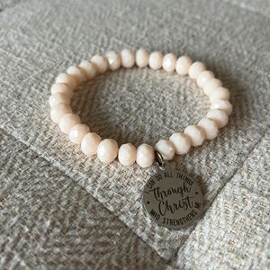 Light Pink Beaded Bracelet with Silver Bible Verse Pendant